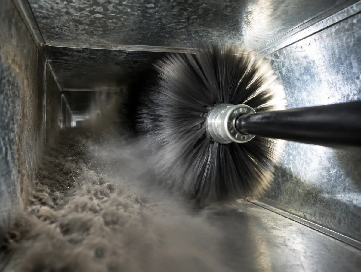 A rotary brush spinning inside a sheet-metal duct, loosened dust pulled away down the run