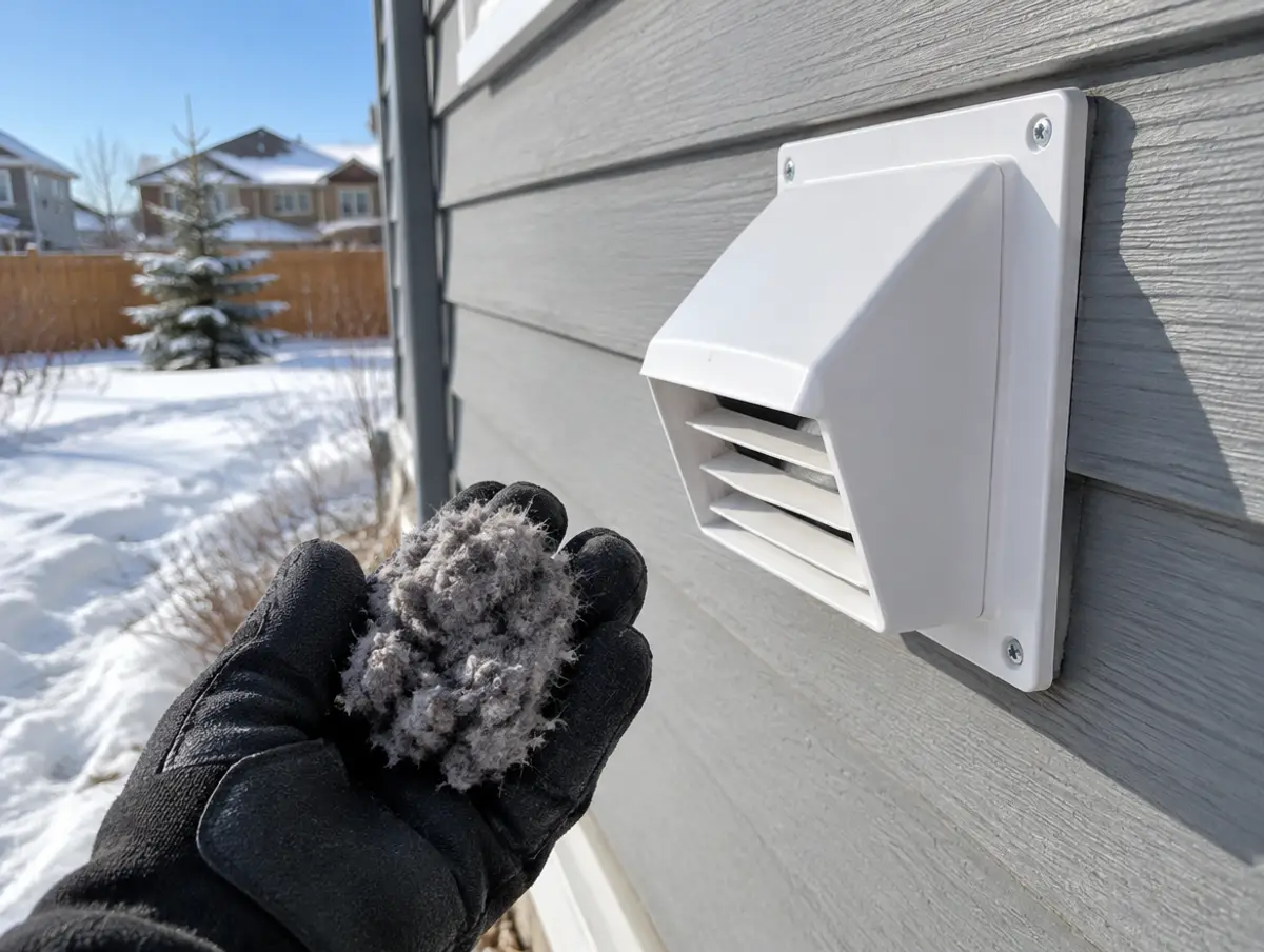 Lint removed from a dryer vent held in a gloved hand beside a clean exterior vent hood in winter