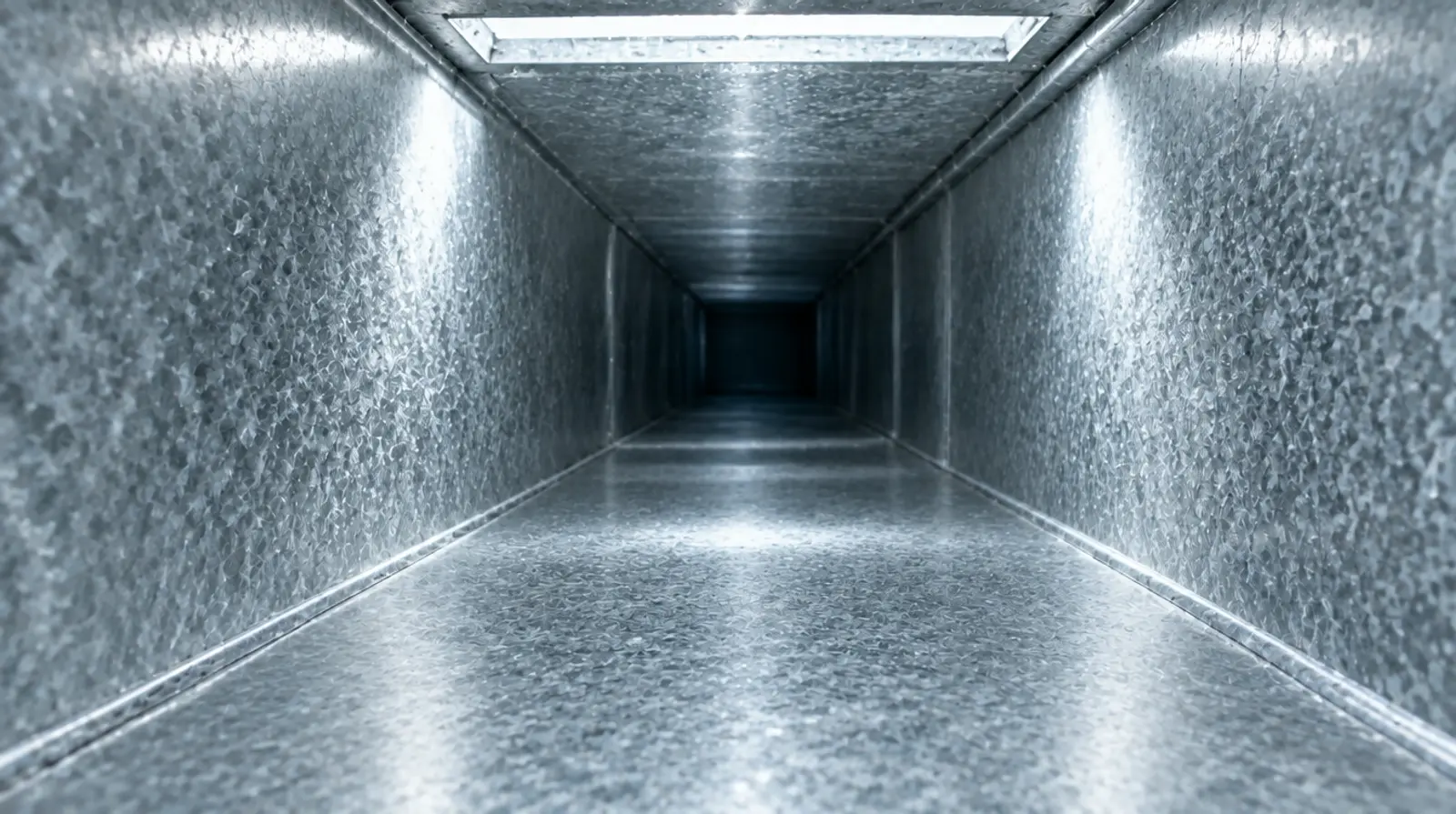 The same duct after cleaning: bare, bright galvanized metal