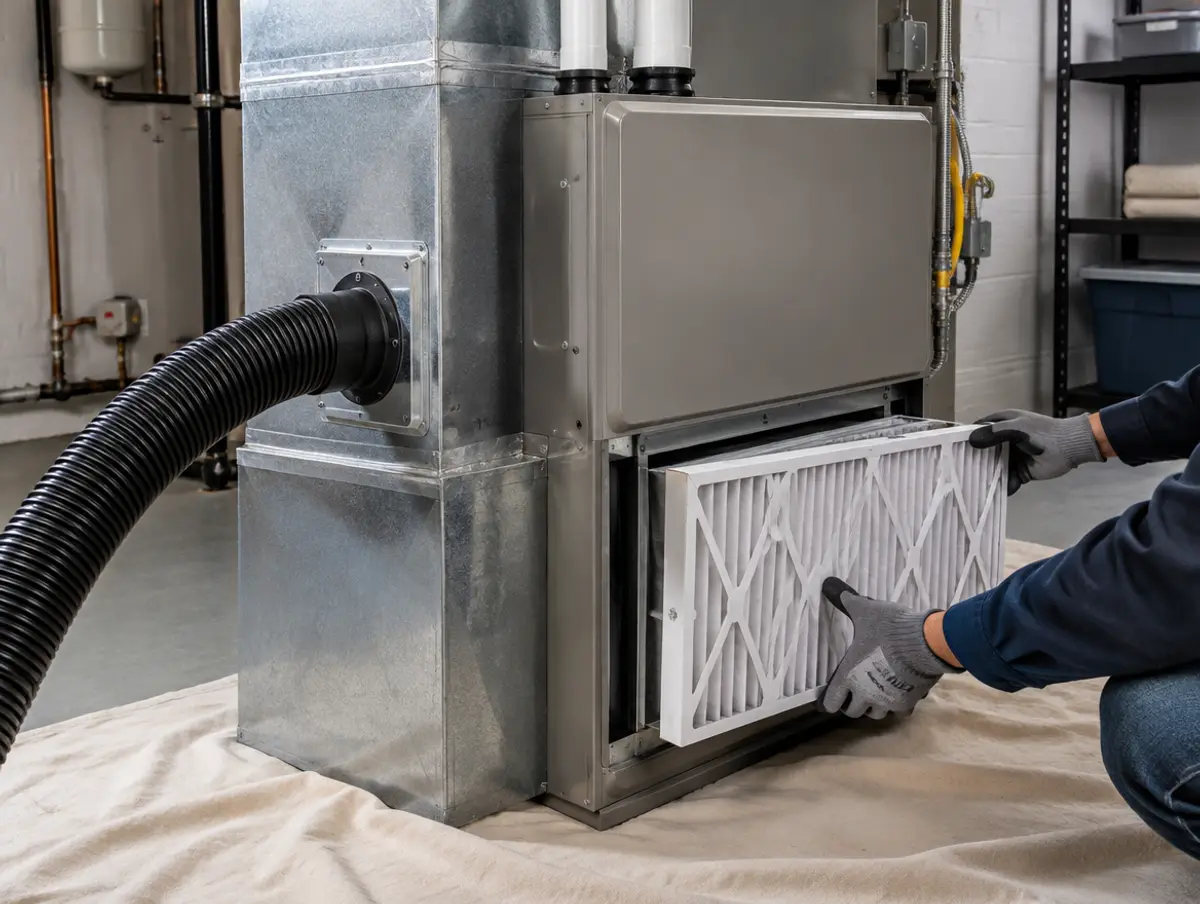 A furnace with a collection hose attached to a sealed port on the trunk and a new pleated filter being fitted