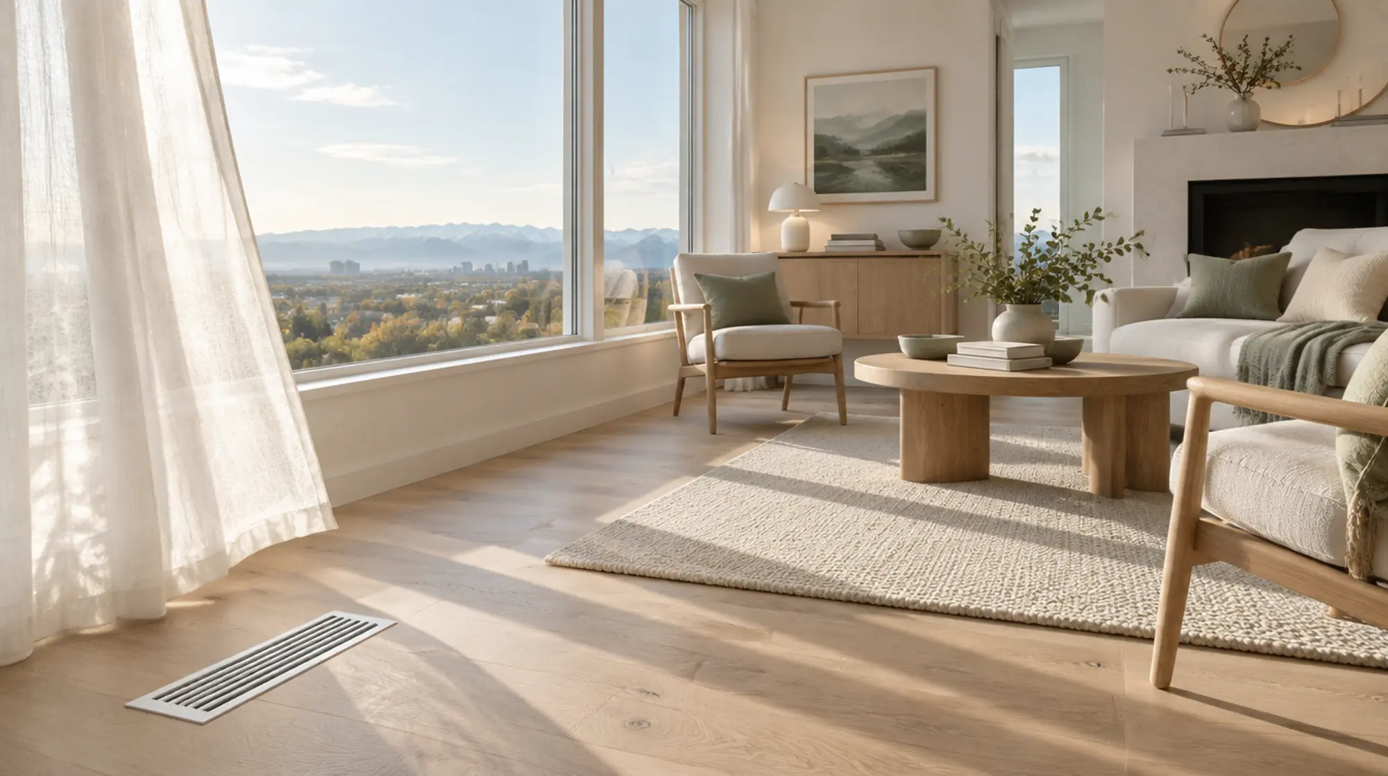 A bright Calgary living room with a floor register and sheer curtains in the morning light